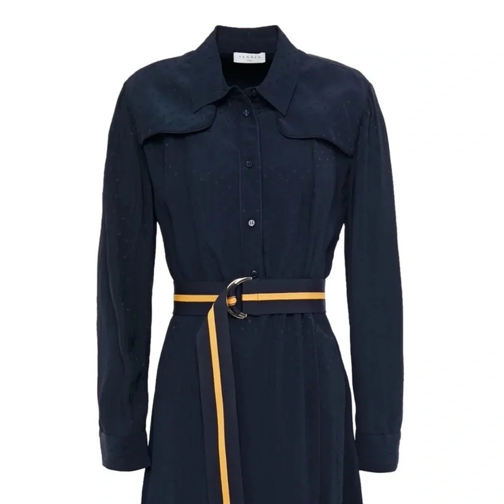 Sandro Paris Navy Swiss Dot Pleated Midi Shirt Dress Scallop Yoke 12 - Picture 6 of 15